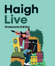 Haigh Live Grassroots Edition poster with cartoon type musicians on a blue background