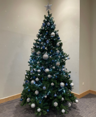 Christmas tree with blue and silver decorations