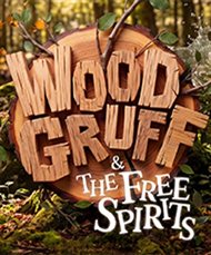 Cut off tree trunk with the wording Wood Gruff and the free spirits